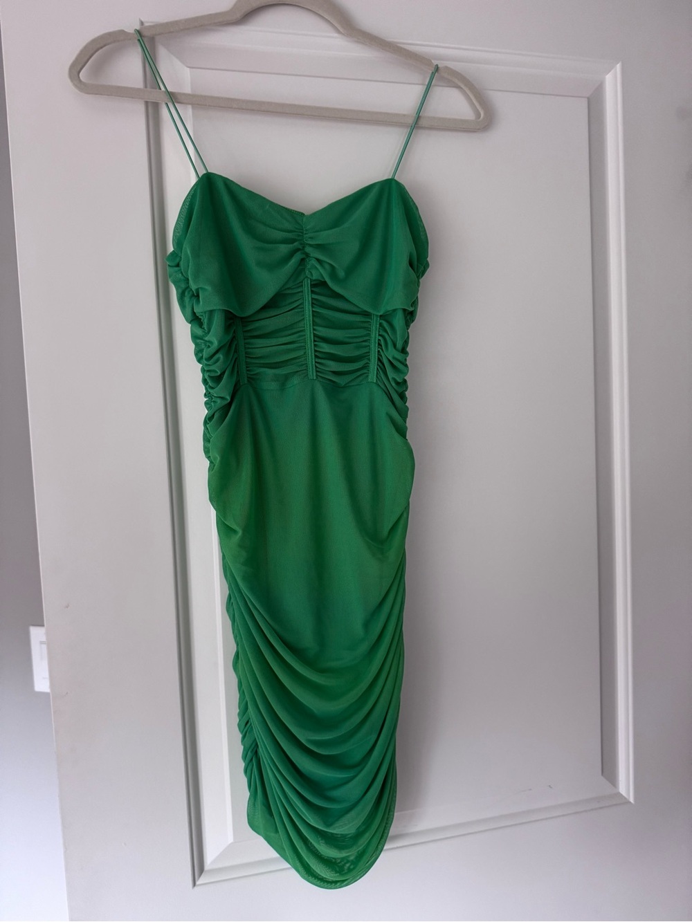 superdown Green Ruched Midi Dress with Spaghetti Straps